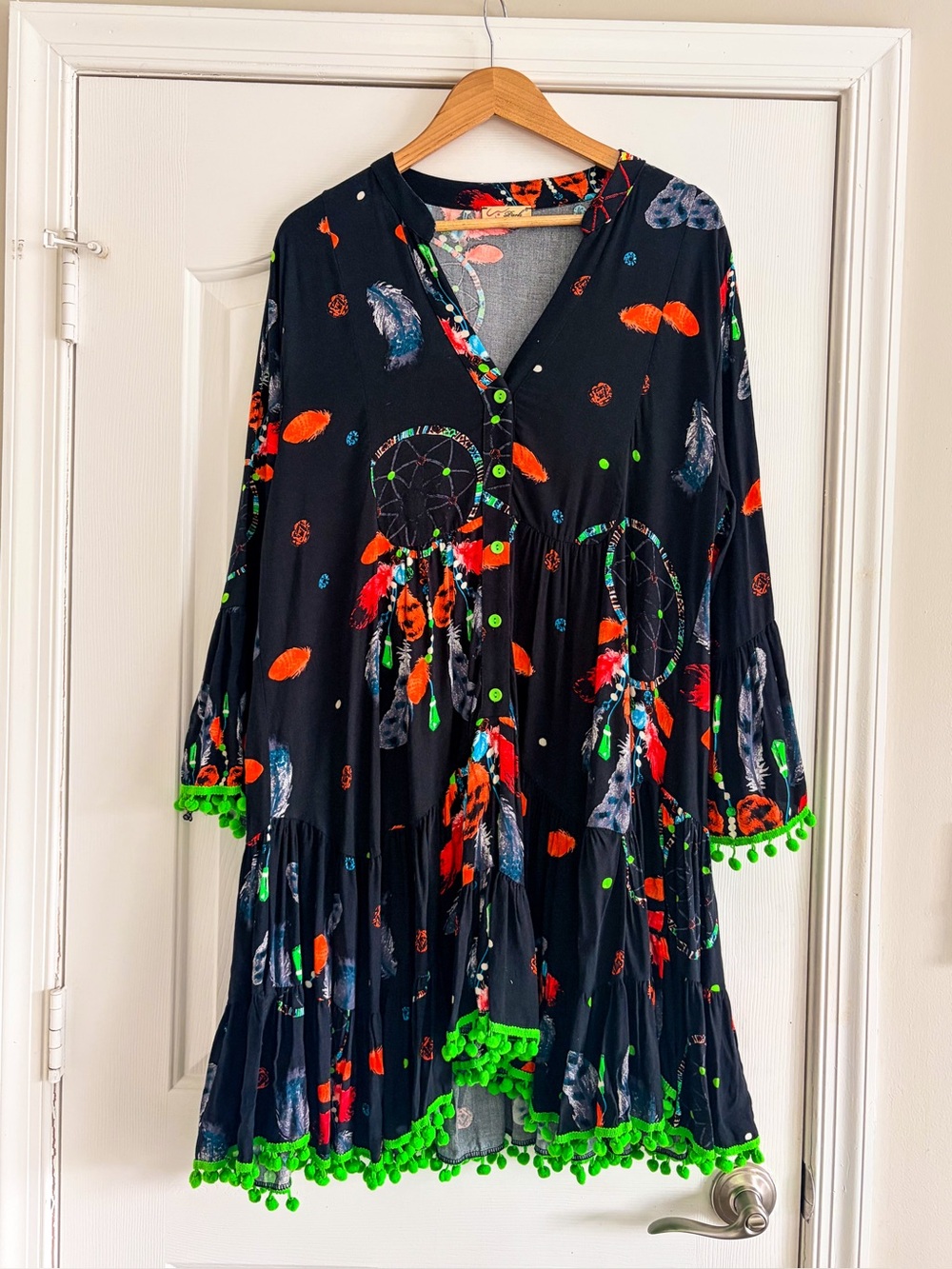 Park Moda Dreamcatcher Pom Pom Boho Tunic Mini Dress Black S/M Swim Coverup